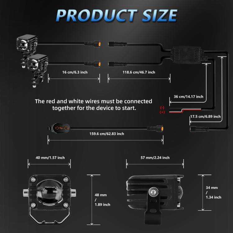 Motorcycle LED spotlight size diagram with front measurements and bracket dimensions