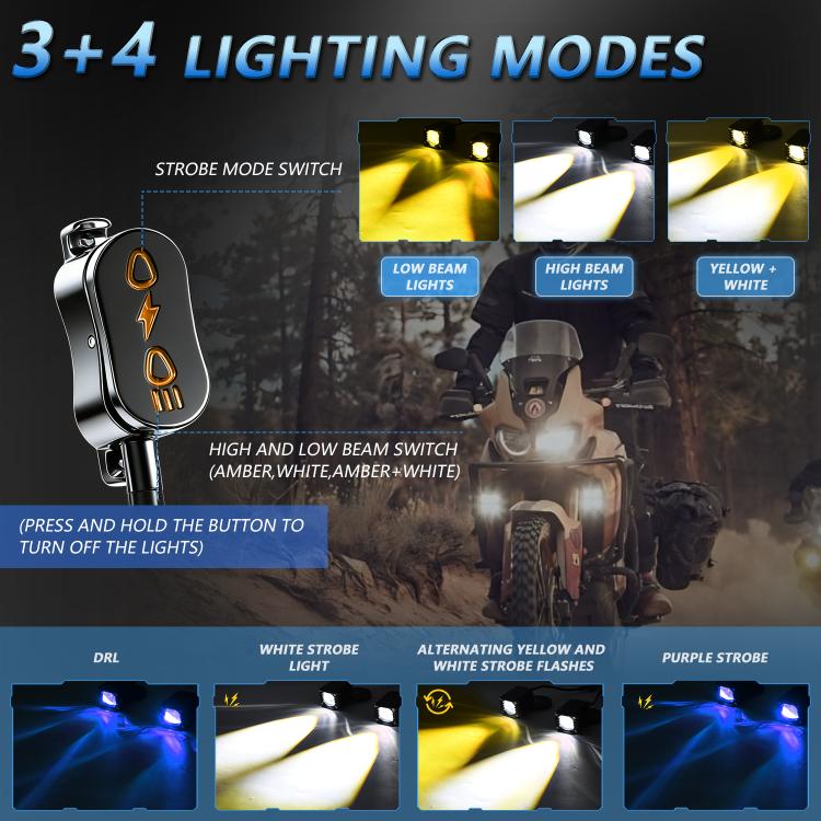 Motorcycle wired switch with LED spotlight showing multiple lighting modes