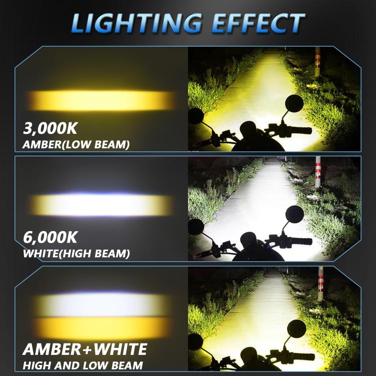 Motorcycle LED spotlights projecting white and amber light beams on the road