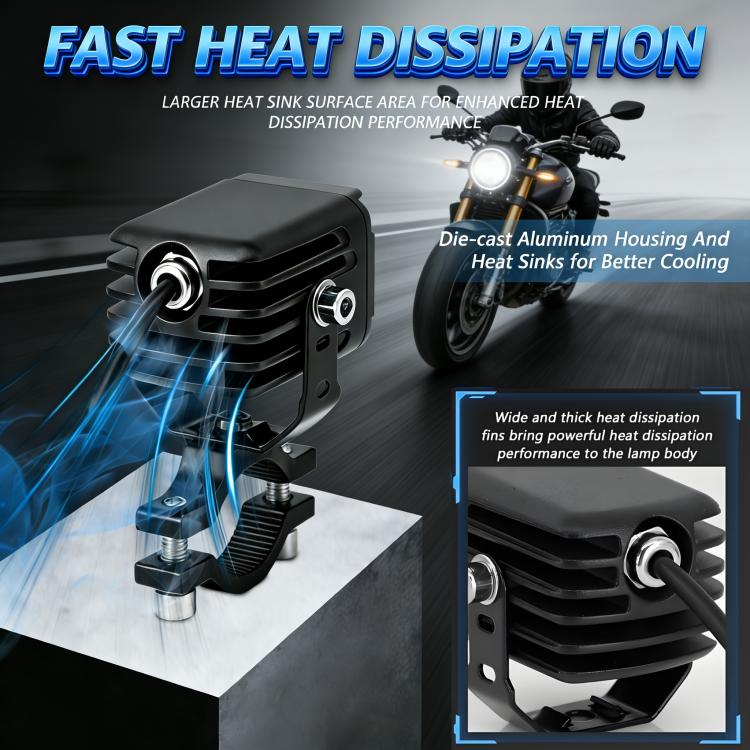 Motorcycle LED spotlight with finned heat-sink housing and aluminum mounting bracket