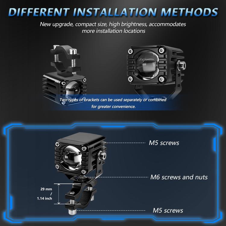 Motorcycle LED spotlight mounting brackets with screw sizes and attachment positions