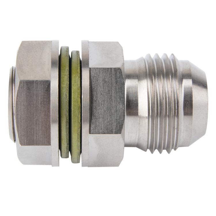Threaded oil filter connector plug with metal hex body and green gasket