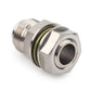 Angled metal oil filter connector plug with green seal ring and hex end