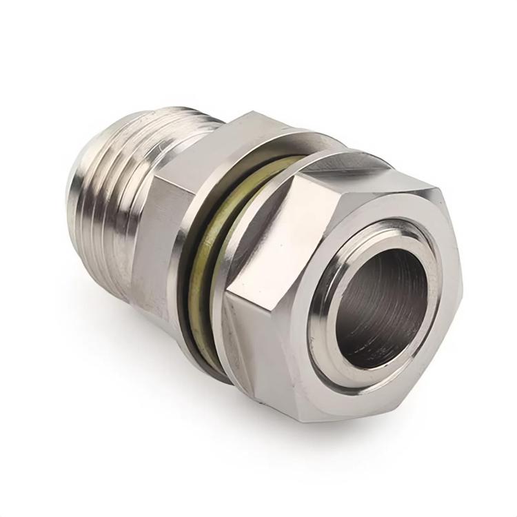 Angled metal oil filter connector plug with green seal ring and hex end
