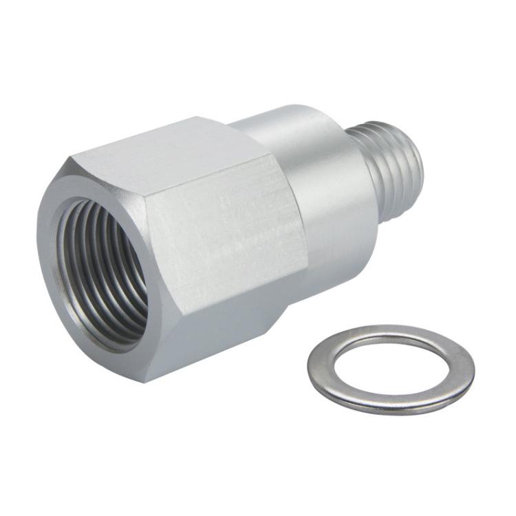 Metal sensor connector with hex body, threaded inlet, and sealing washer