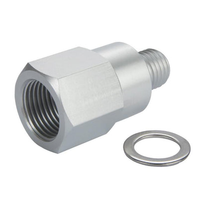 Metal sensor connector with hex body, threaded inlet, and sealing washer