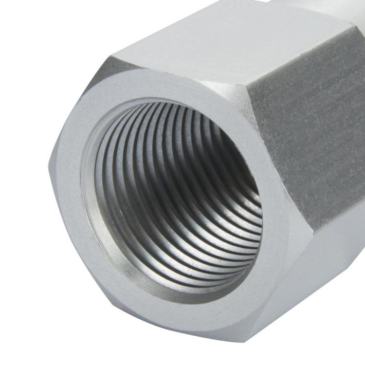 Metal threaded sensor port with internal spiral threads in hex housing