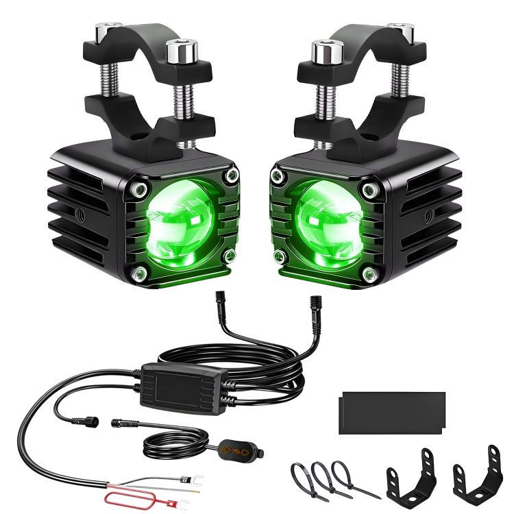 Motorcycle demon-eye spotlight pair with green LED glow and wired switch