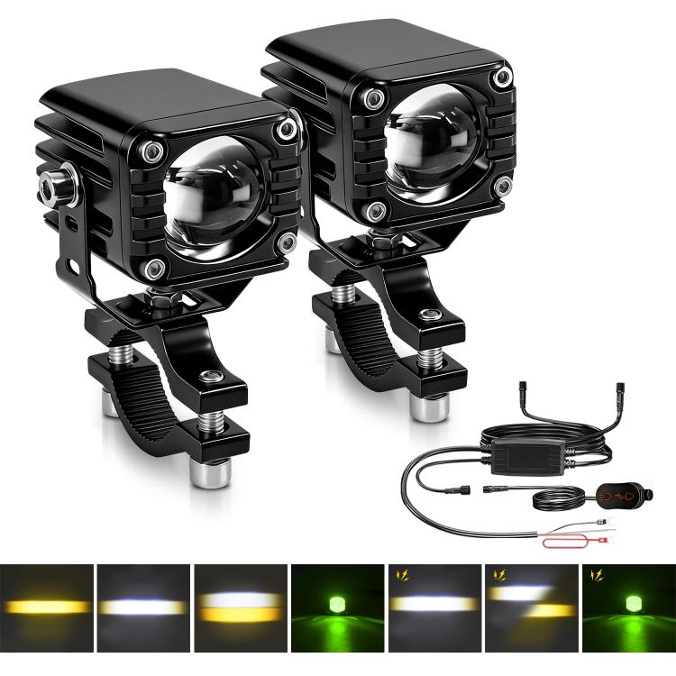 Black motorcycle spotlight pair with mounting brackets and cable harness