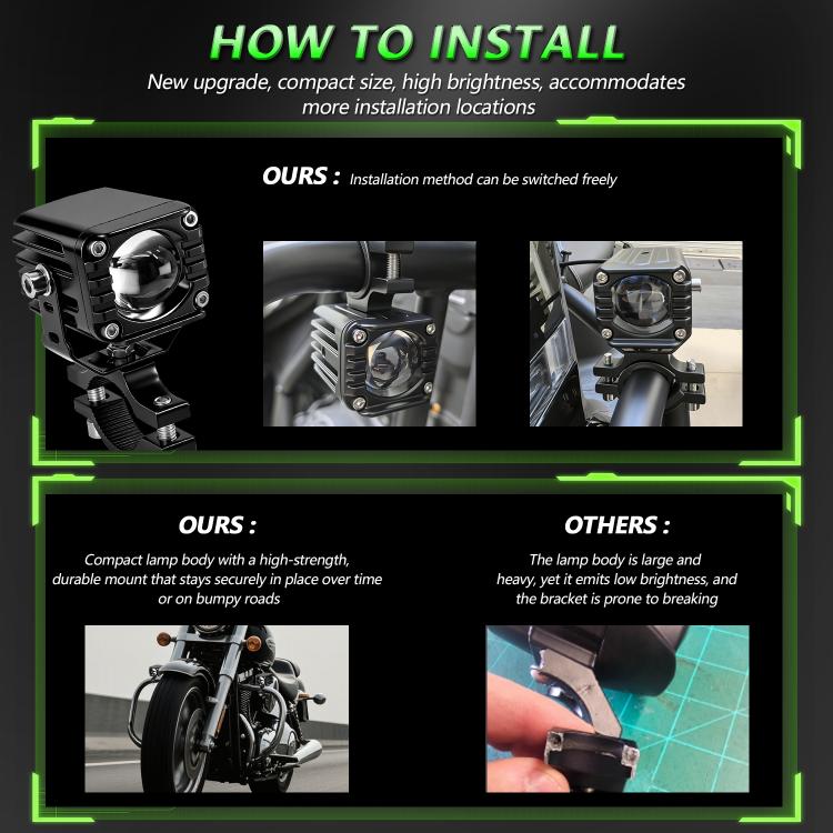 Green motorcycle demon-eye spotlight with wired waterproof switch and mounting bracket