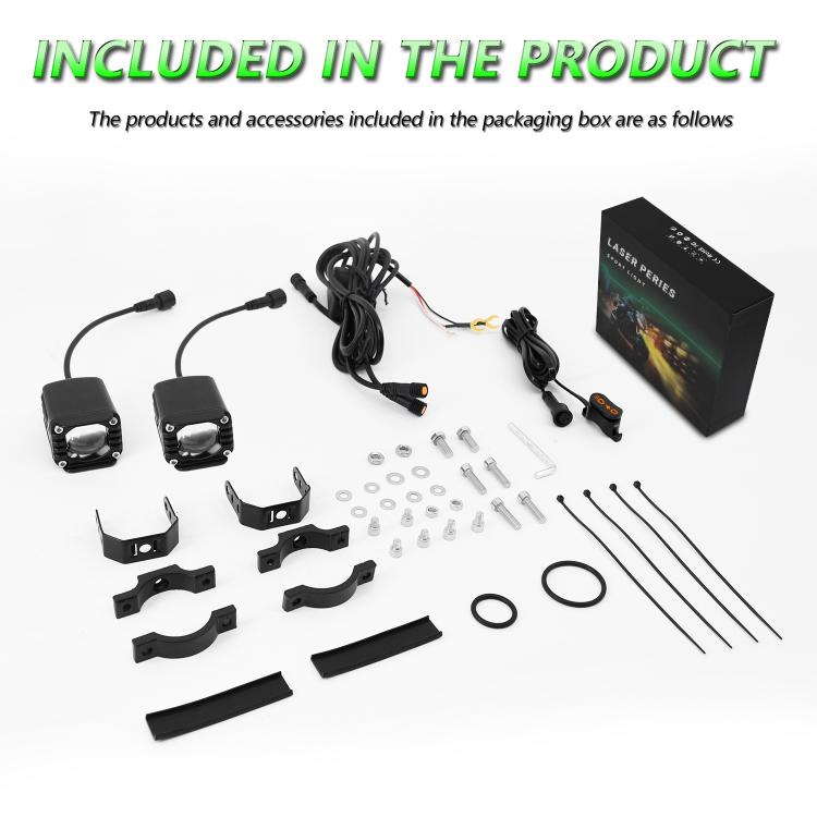 Motorcycle wired spotlight installation kit with brackets, screws, and wiring leads