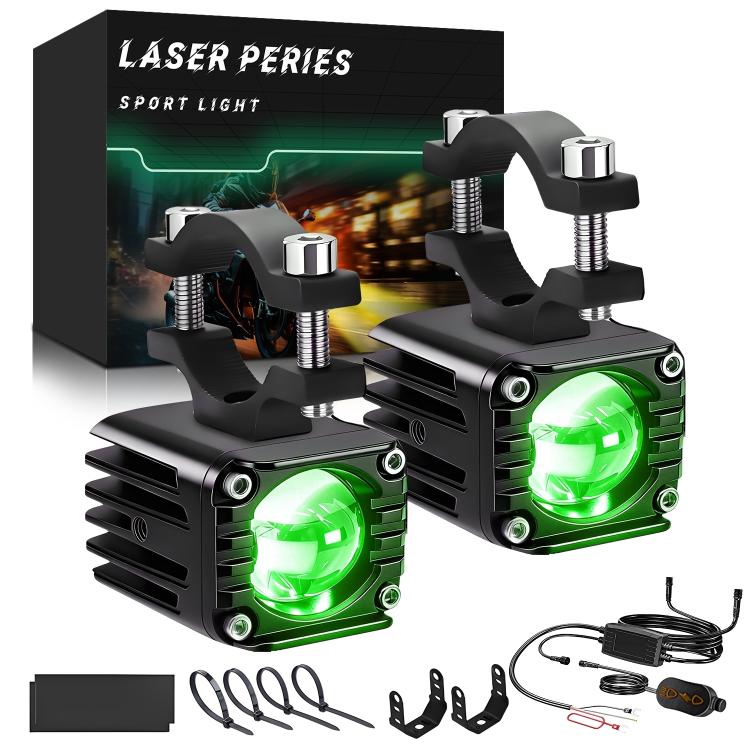 Pair of black motorcycle sport lights with green demon-eye LEDs and mounting clamps