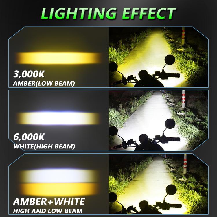 Motorcycle spotlight beam pattern showing amber low beam and white high beam