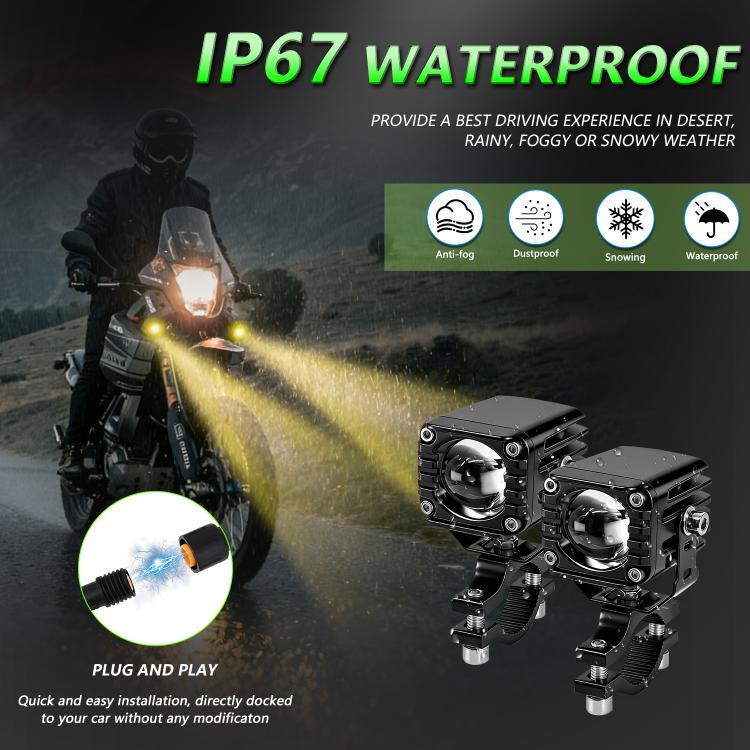 Motorcycle LED spotlight kit with green-tinged beam and power cable