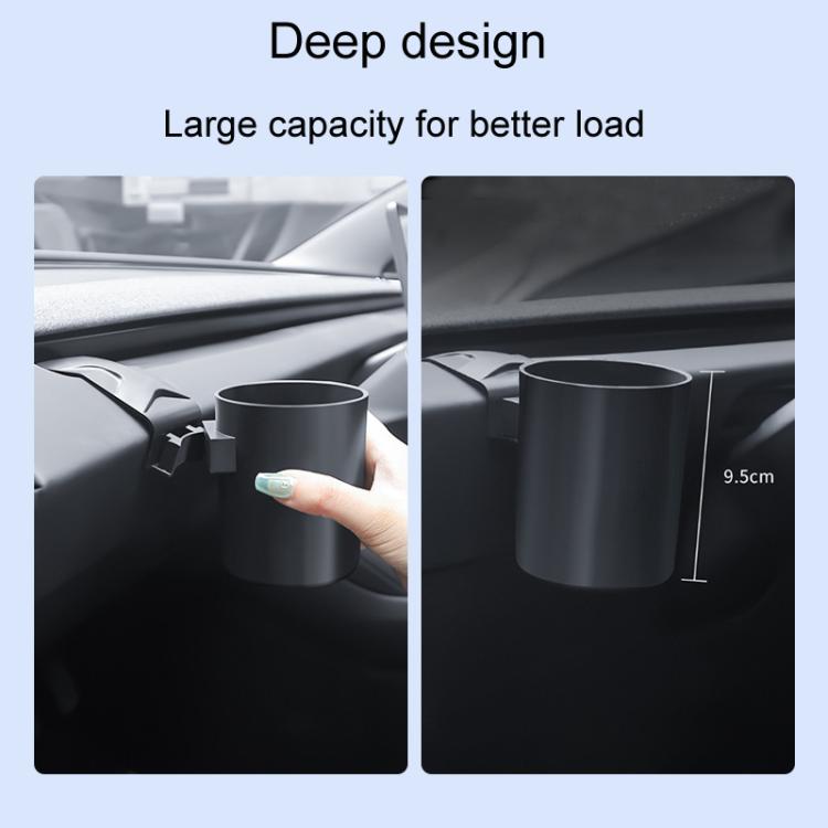 Car dashboard cup holder with deep design and large capacity; side view with 9.5 cm