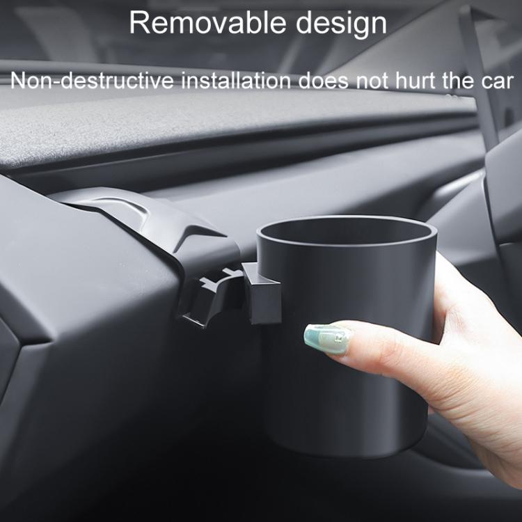 Car dashboard cup holder with removable bracket design; cylindrical cup holder in place