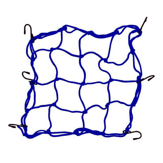 Blue elastic mesh fuel tank bag with 6 hook straps and expandable net design.