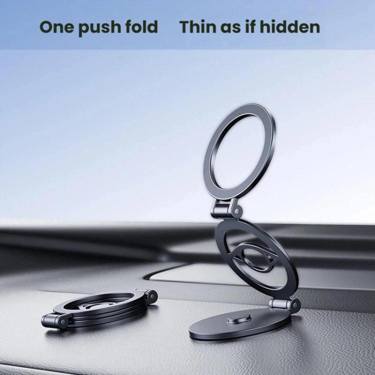 Thin fold magnetic phone holder with round base and 360° rotating ring arm