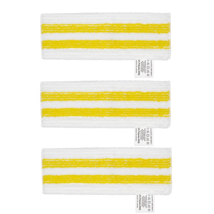 Three white microfiber flat mop pads with yellow stripes, replacement pack