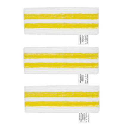 Three white microfiber flat mop pads with yellow stripes, replacement pack