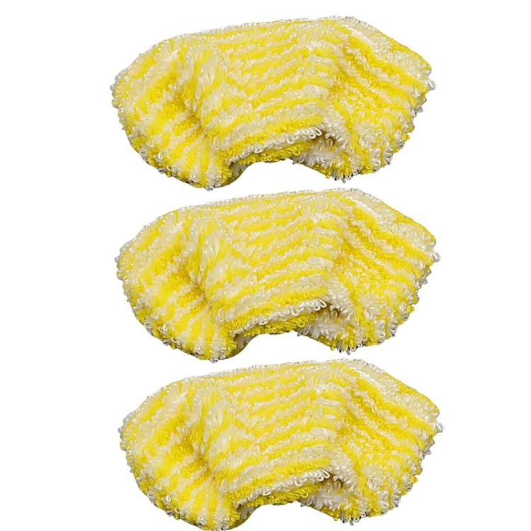 Three yellow-and-white microfiber mop pads, curved oval replacement set