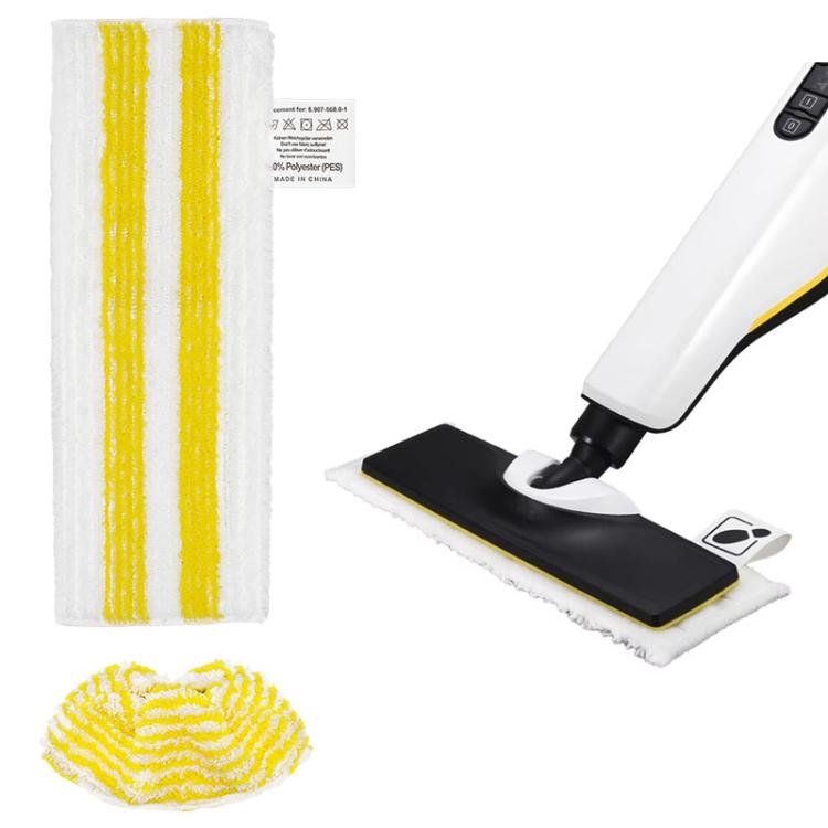 Microfiber flat mop pads with yellow stripes and attached steam mop head