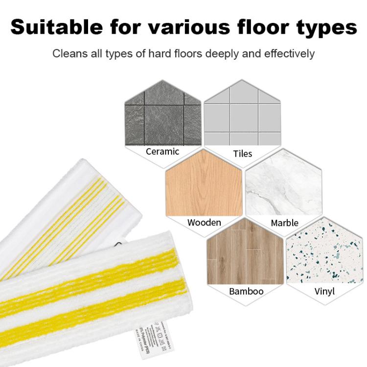 Two white-and-yellow microfiber steam mop pads for replacement