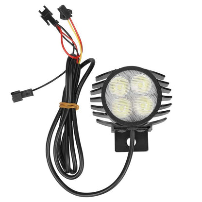 2-in-1 LED scooter headlight with circular lens, black housing, and attached wiring harness