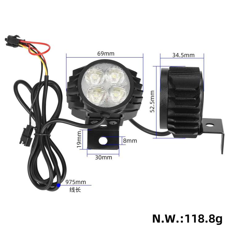 2-in-1 LED scooter headlight kit with mounting bracket, wires, and size diagram