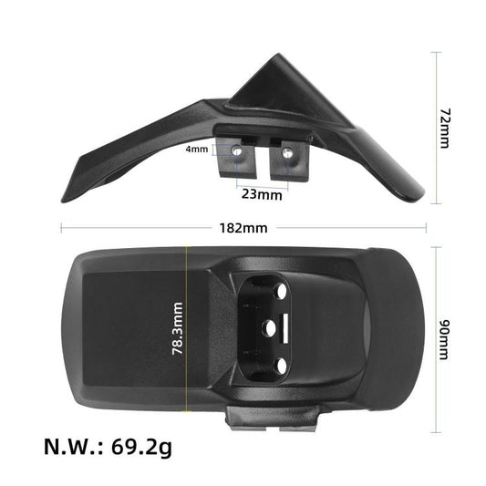 Black rear fender with mounting holes; 182mm length and 106mm height