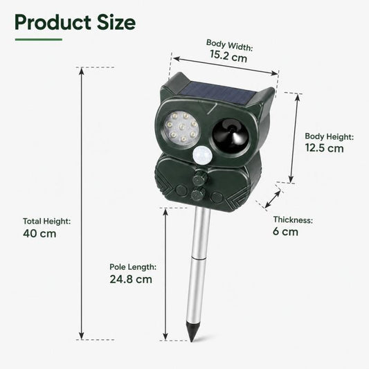 Green solar ultrasonic repeller device with solar top panel and metal stake