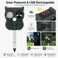 Solar-powered ultrasonic repeller with green housing, solar panel, and USB charging port