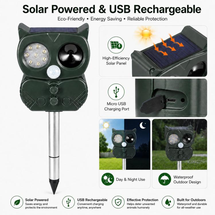 Solar-powered ultrasonic repeller with green housing, solar panel, and USB charging port