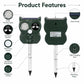 Green ultrasonic animal repeller with solar panel, ultrasonic speaker, and mounting stake