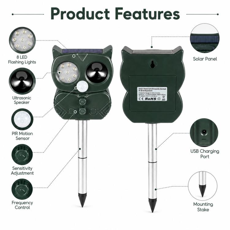 Green ultrasonic animal repeller with solar panel, ultrasonic speaker, and mounting stake
