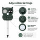 Solar ultrasonic repeller with rotary settings controls on the green cat-shaped body