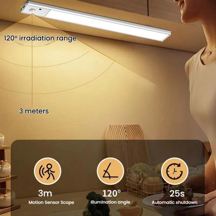 Silver motion-sensor light bar with remote settings icons for range, angle, shutdown