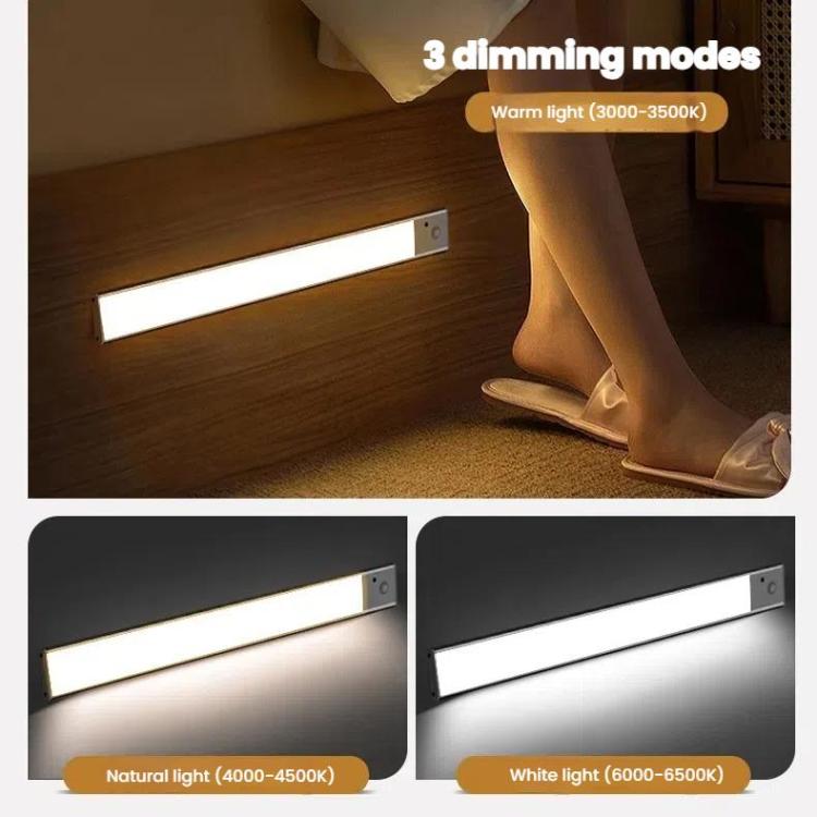 Rechargeable motion sensor light bar with warm, natural, and white lighting modes