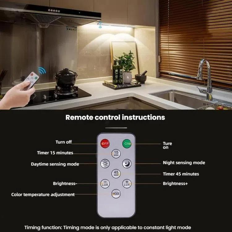 Rechargeable motion sensor light bar controlled by remote in under-counter lighting