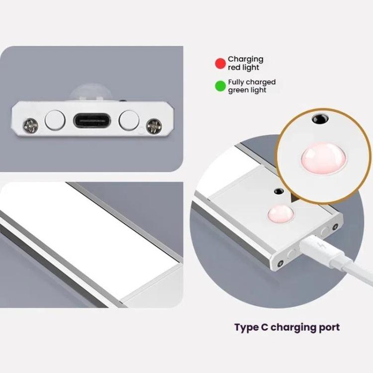 Rechargeable motion sensor light bar showing Type C charging port and indicator LEDs