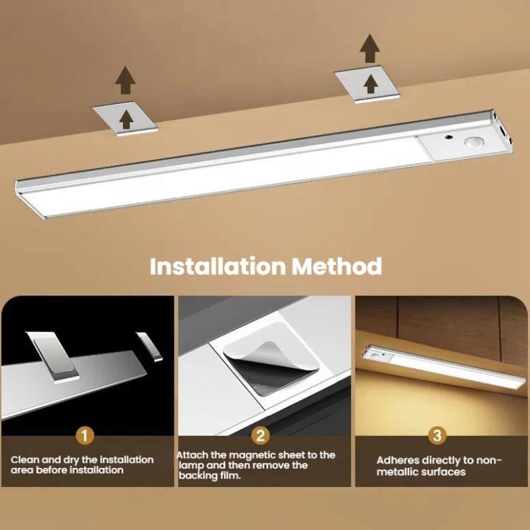 Rechargeable motion sensor light bar with magnetic installation method shown