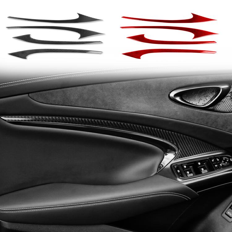 Triangular carbon-fiber door panel stickers, black and red set pieces on door trim