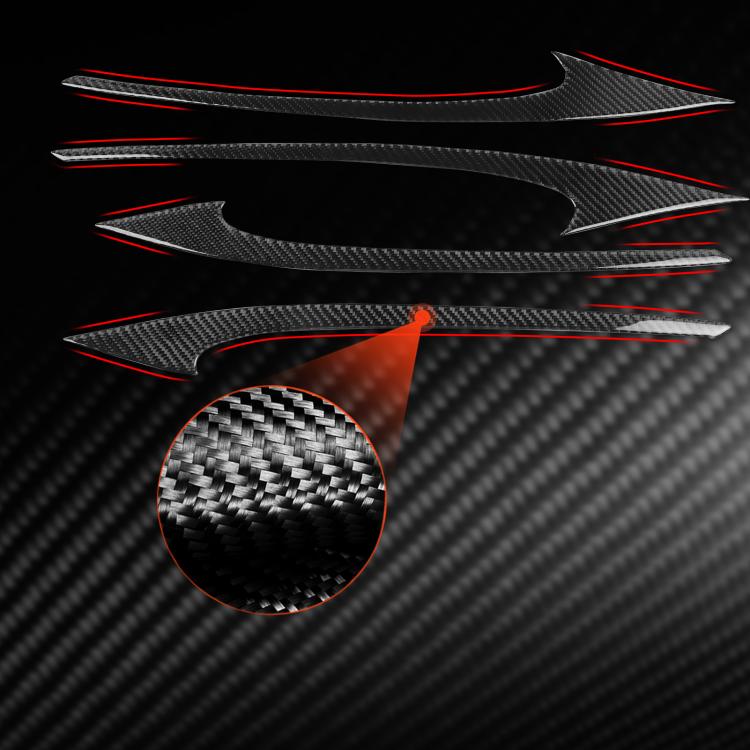 Triangular carbon-fiber door panel stickers with red trim, set of four pieces