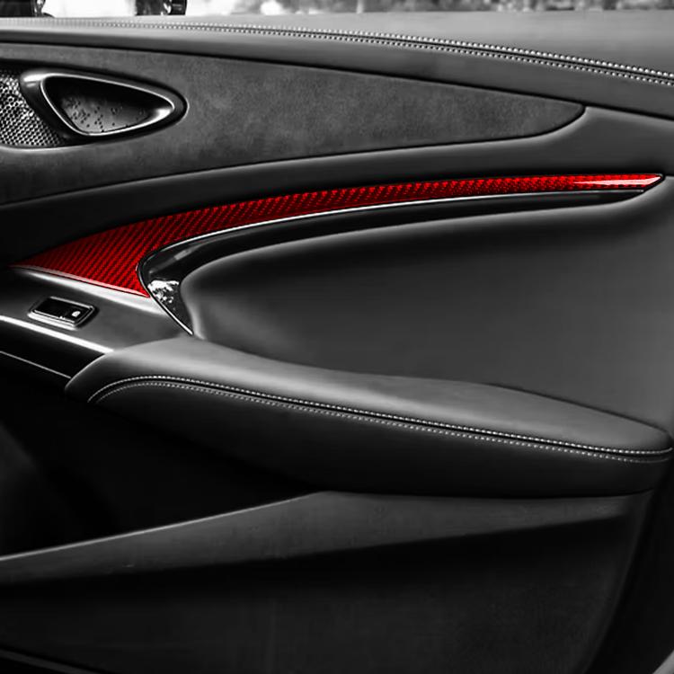 Triangular door panel accent trim sticker with red carbon-fiber strip on interior panel