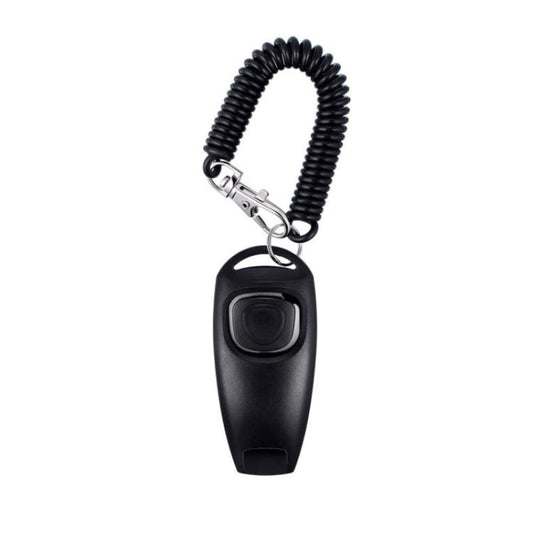 Black 2-in-1 dog training clicker whistle with coiled wrist strap and metal clasp