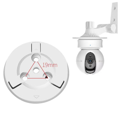 White round base mount bracket disc for security cameras, with mounting arm and holes