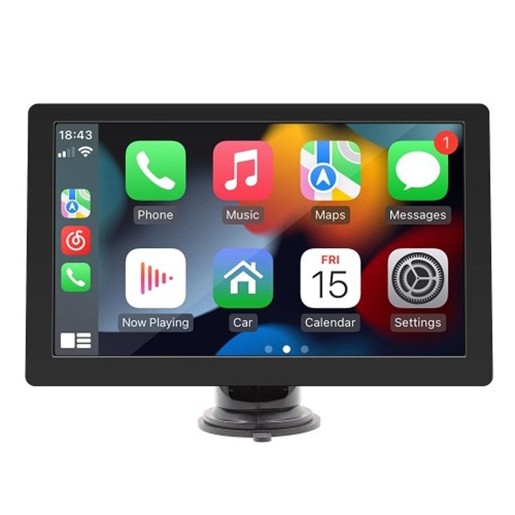Car multimedia screen display with stand, showing app icons on a dark interface