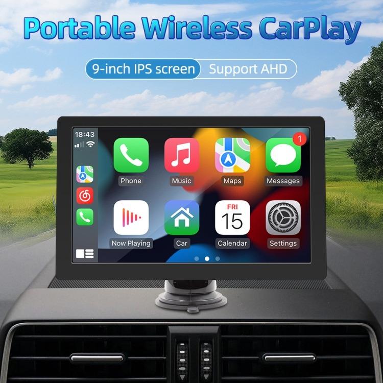 9-inch in-car multimedia screen with dashboard stand, showing phone, music, maps, and settings