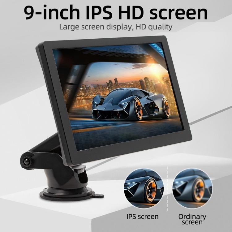Car reversing monitor with 9-inch IPS HD screen and adjustable stand, showing a sports car
