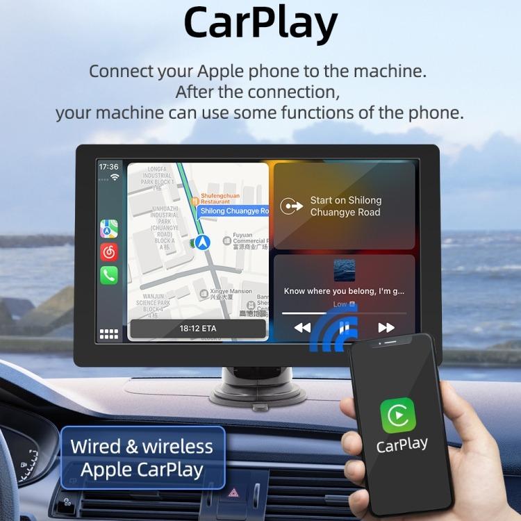 In-car CarPlay multimedia screen on dashboard stand, with navigation map display and phone connection